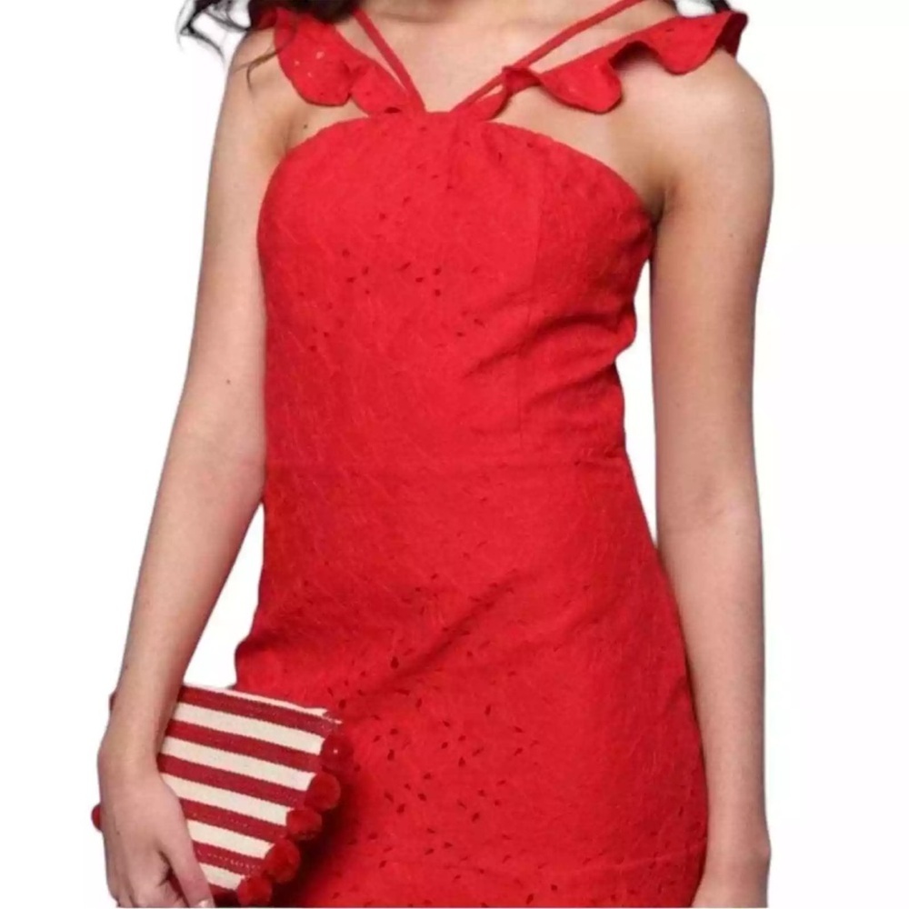 Anthropologie J.O.A Eyelet Drop Waist Dress Red Halter Peplum Ruffle Hem Size L - Picture 3 of 10